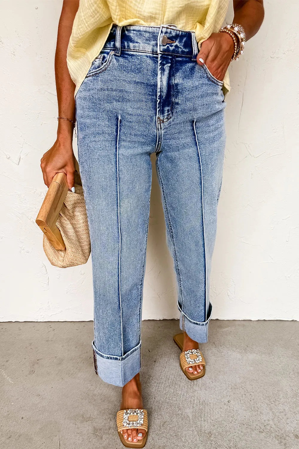 High-Waisted Wide-Leg Cuffed Jeans - -