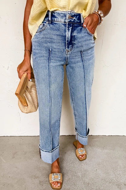 High-Waisted Wide-Leg Cuffed Jeans - -