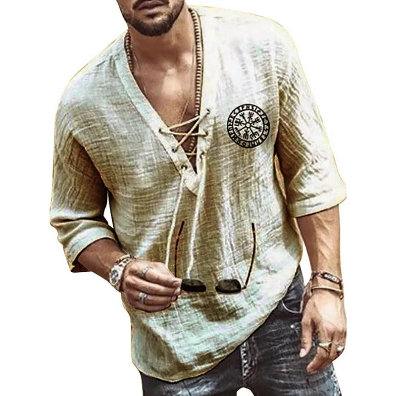 Men's Tee Shirt Solid Tops Pullover v Neck Lace-Up Loose Top Casual Half Sleeve