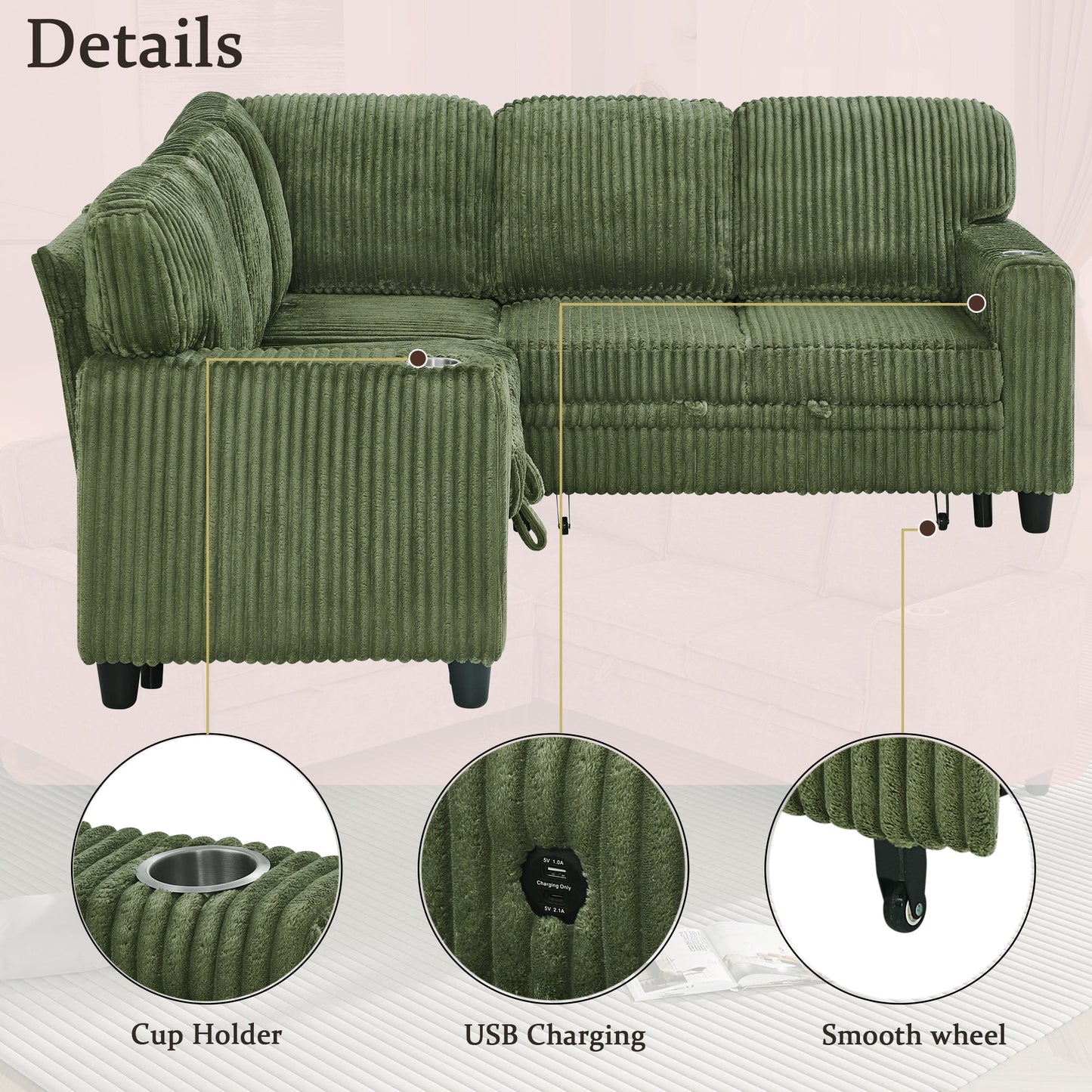 Sofa Bed L-Shape Corduroy Olive Green 5 Seat Pull-Out USB Ports 81 In- NIKKI CASA- {{Product type}}
