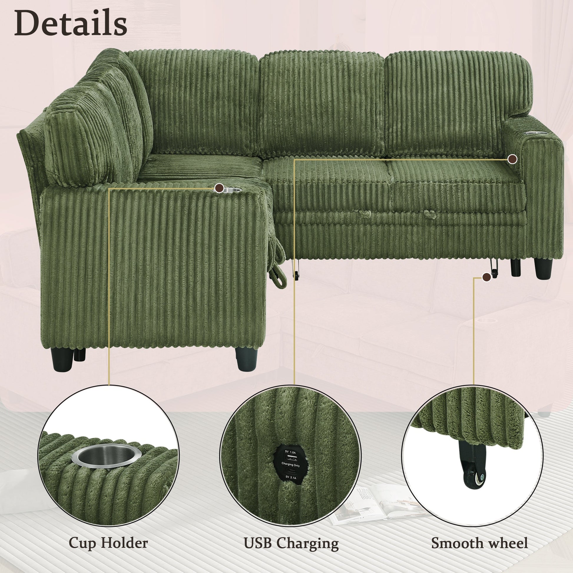 Sofa Bed L-Shape Corduroy Olive Green 5 Seat Pull-Out USB Ports 81 In- NIKKI CASA- {{Product type}}