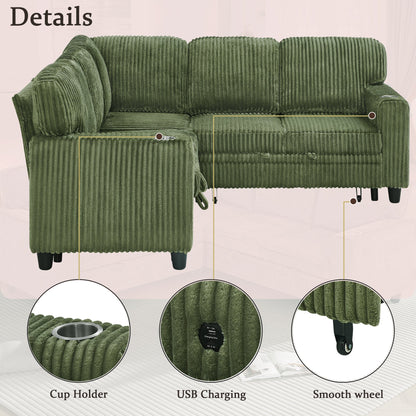 Sofa Bed L-Shape Corduroy Olive Green 5 Seat Pull-Out USB Ports 81 In- NIKKI CASA- {{Product type}}