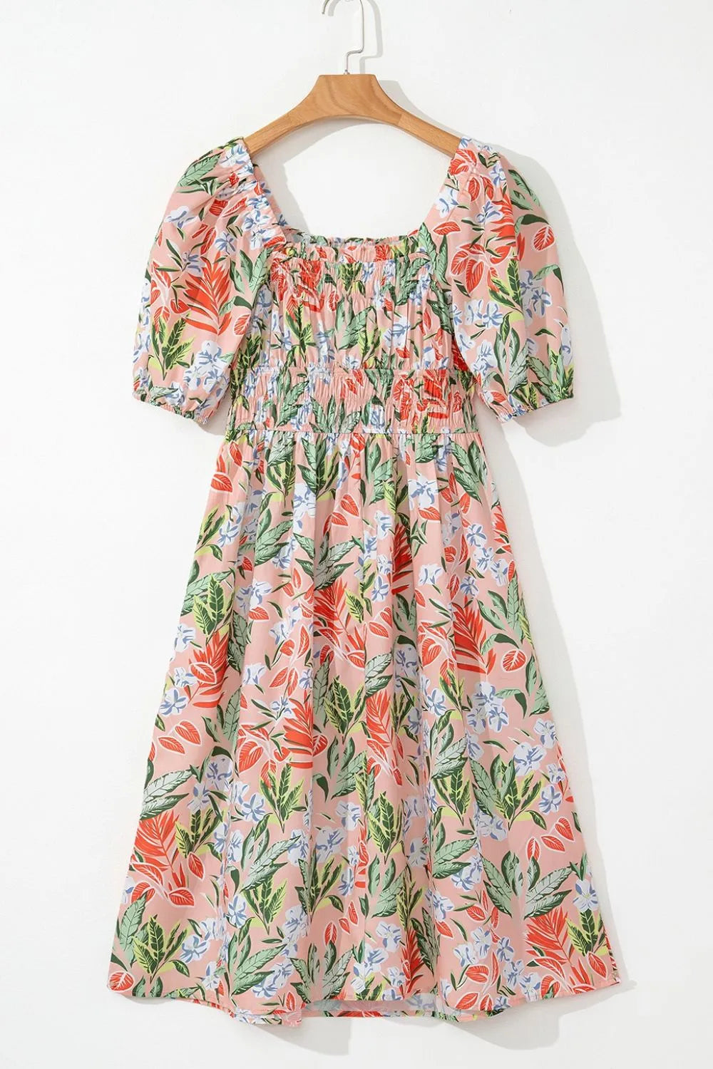 Floral Smocked Square Neck Puff Short Sleeve Midi Dress - -