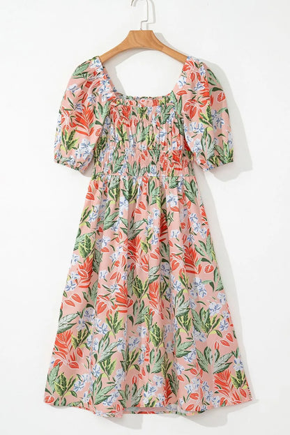 Floral Smocked Square Neck Puff Short Sleeve Midi Dress - -