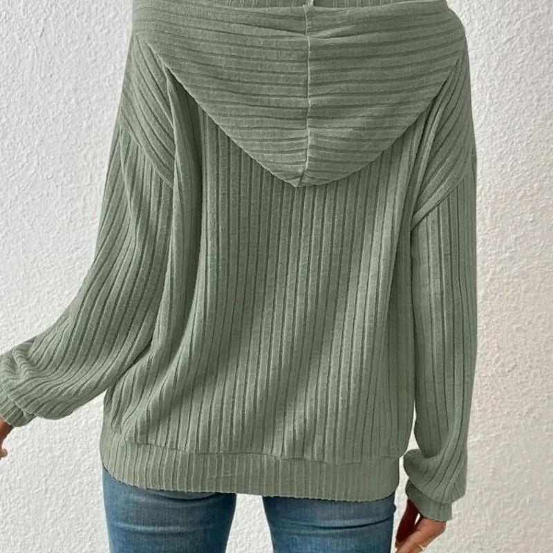 Long Sleeve Round Neck Sweater Hooded Kangaroo Pocket Casual Solid Top