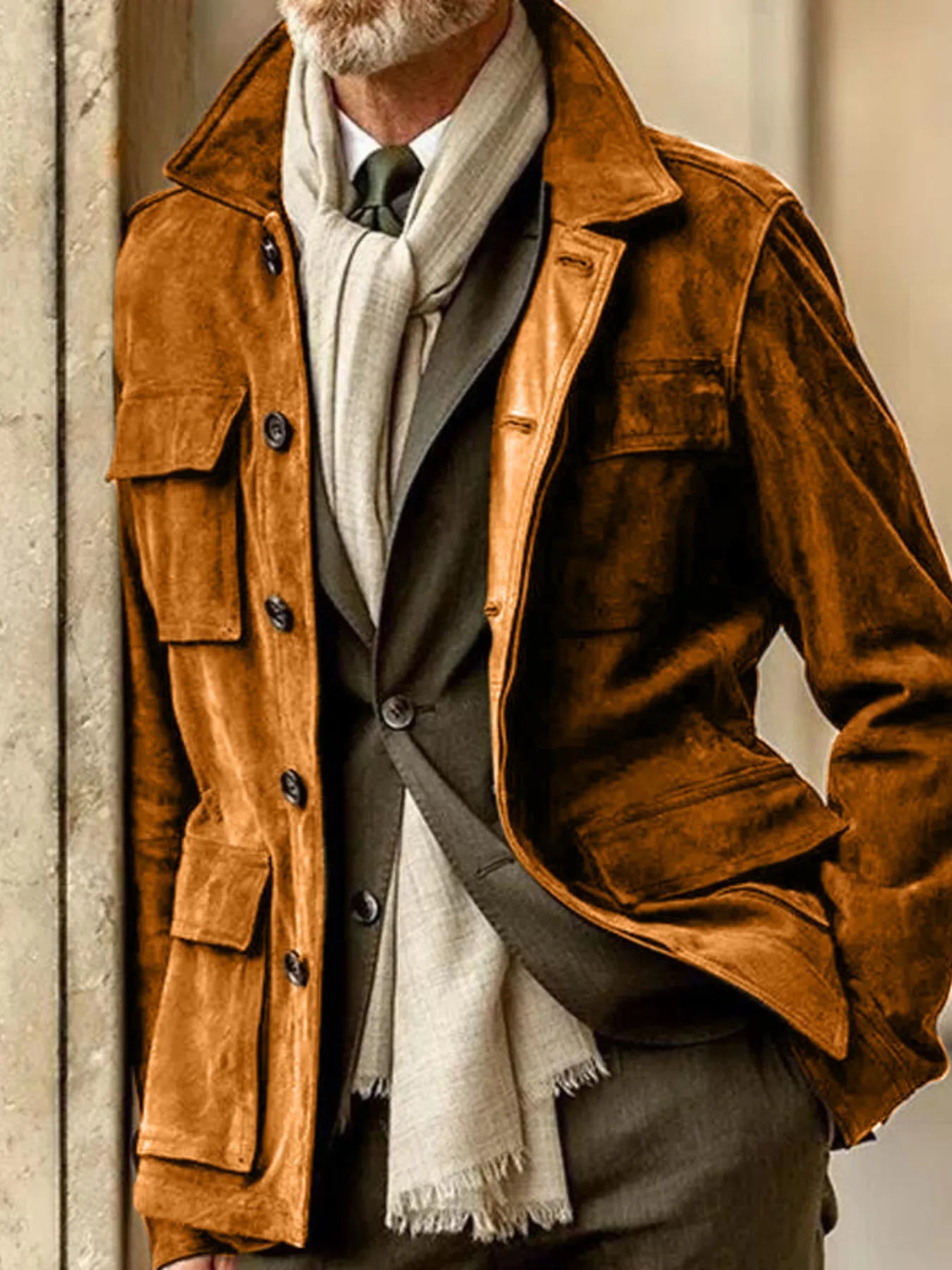 Men's Full Size Button Up Long Sleeve Jacket Plus Size - Orange -