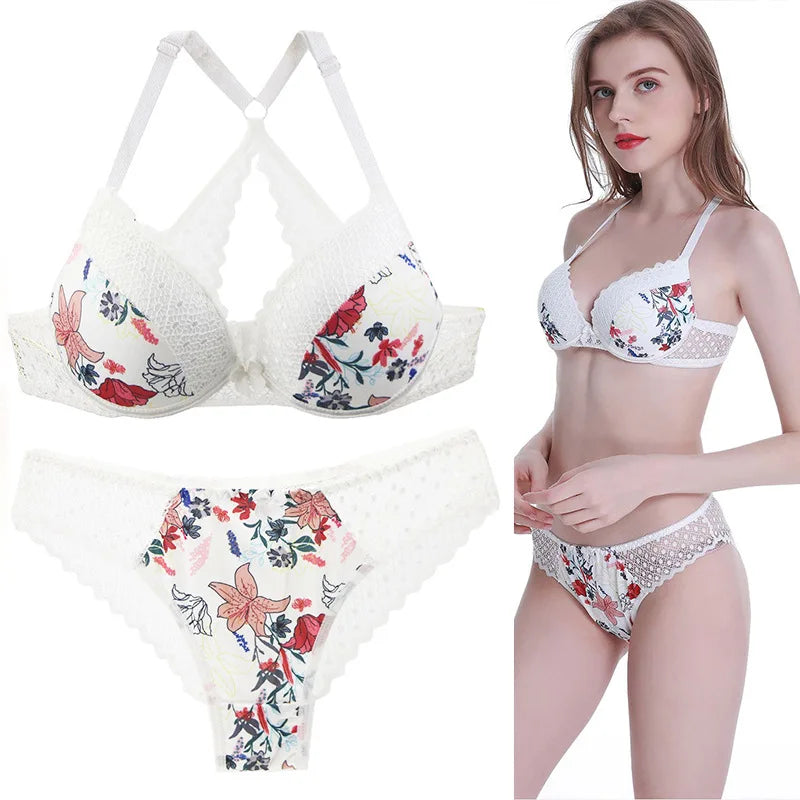 Size Shaper Back Bra Set Print Female Lace French Underwear Set