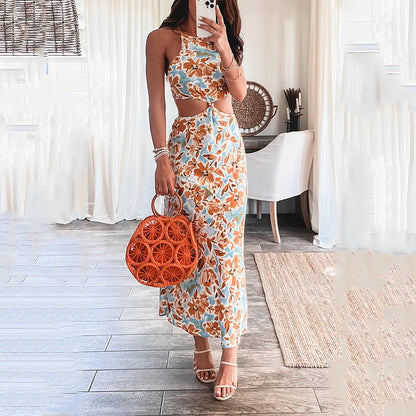 Chic Floral Halter Maxi Dress - - dress