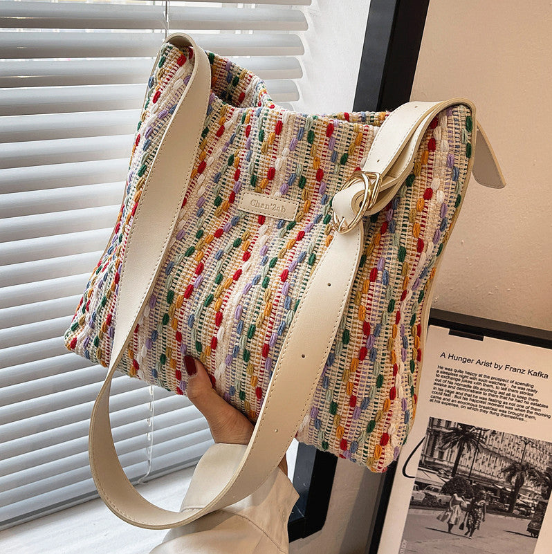 Large Capacity Womens Knit Rainbow Bucket Bag - - handbag