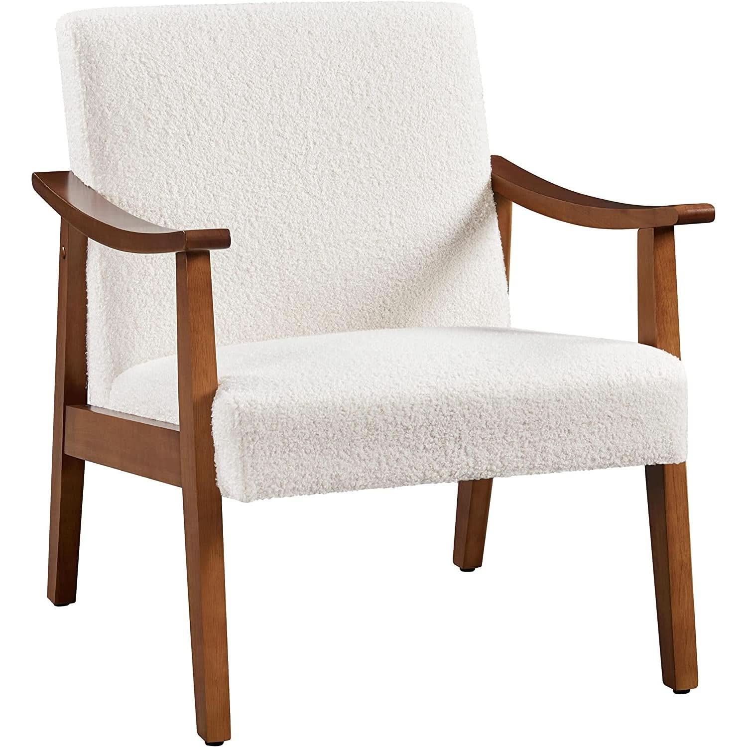 Mid Century Ivory Accent Chair With Wood Legs Boucle Upholstery- ShipItFurniture- {{Product type}}