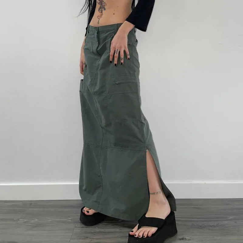 Casual Baggy Loose Cargo Skirts Big Pockets Drawstring Hem Low Waist Long Skirt