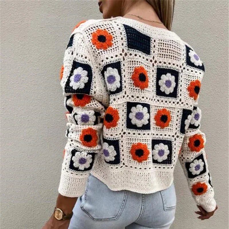 Embroidered Flower Knit Cardigan Retro Lazy Sweet Handwork Embroidered Sweater