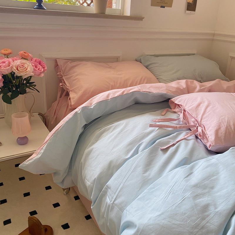All Cotton Washed Cotton Four-piece Set Soft Comfortable Bow Bedding- FLIPSTYLEZLLC- {{Product type}}