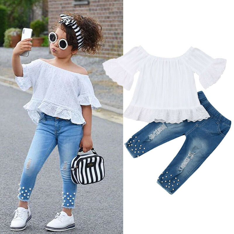 Girls Ruffle Sleeve Off-Shoulder Top and Denim Pants Set - White - outfit
