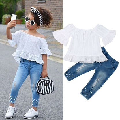 Girls Ruffle Sleeve Off-Shoulder Top and Denim Pants Set - White - outfit