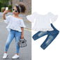 Girls Ruffle Sleeve Off-Shoulder Top and Denim Pants Set - White - outfit