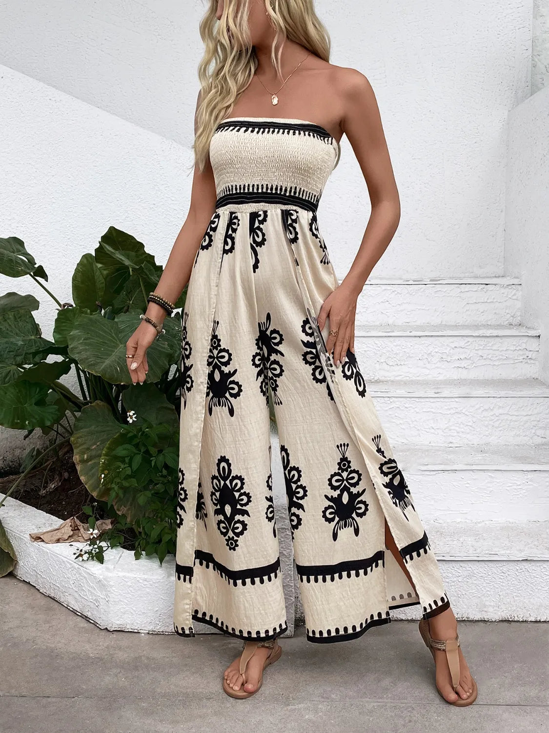 Smocked Printed Wide Leg Jumpsuit - Beige -