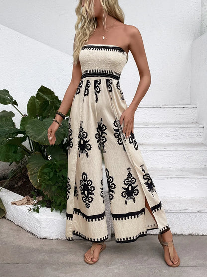 Smocked Printed Wide Leg Jumpsuit - Beige -