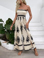 Smocked Printed Wide Leg Jumpsuit - Beige -