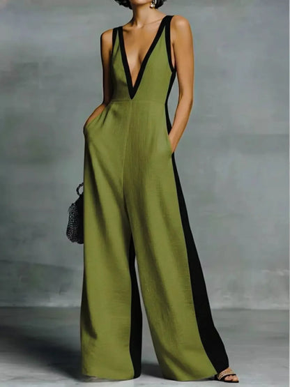 Deep V-Neck Wide-Leg Jumpsuit - Olive -