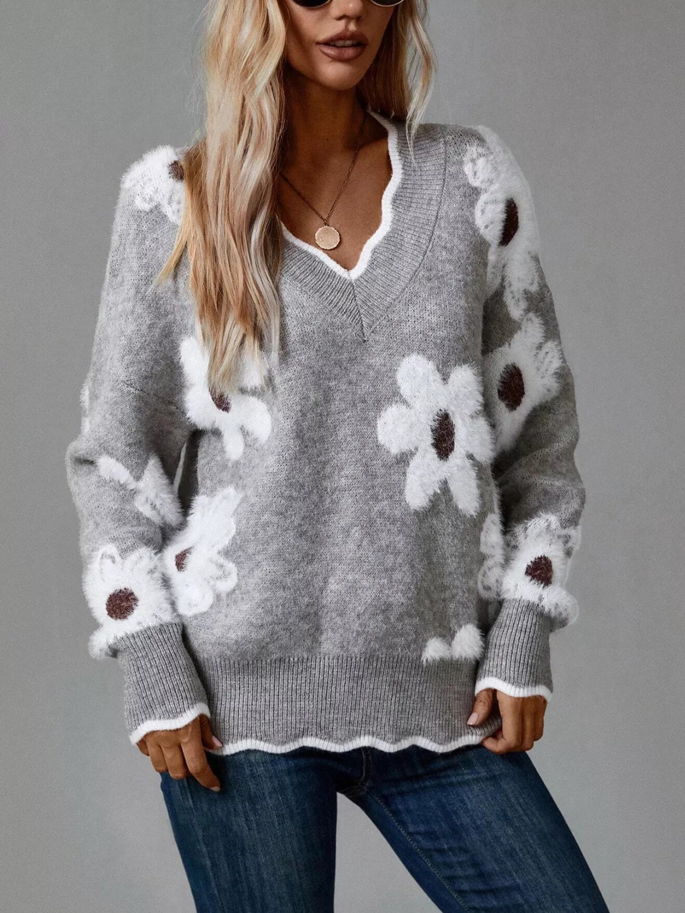 Floral V-Neck Long Sleeve Sweater - -