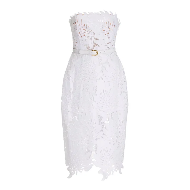 White Midi Dress Flower Cut-Out Elegant Party Dress - - dress