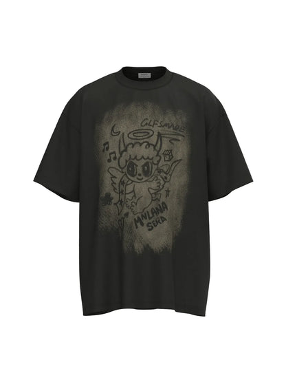 Men's Cartoon Character Graphic Oversized T-Shirt - Black Gray - T-Shirt