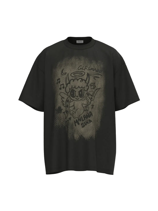 Men's Cartoon Character Graphic Oversized T-Shirt - Black Gray -