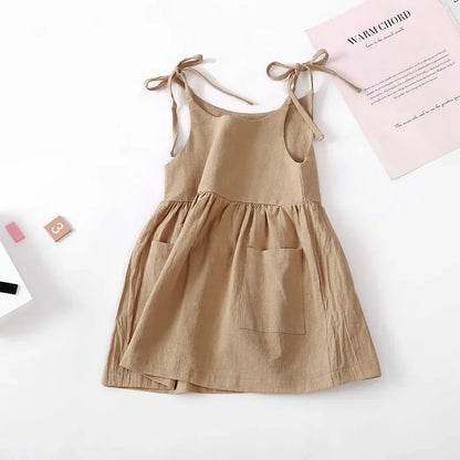 Toddler Solid Cotton Sleeveless Sundress Beige