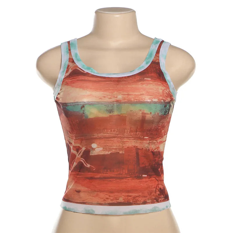 Round Neck Graphic Sleeveless Women's Short Sports Casual Tops