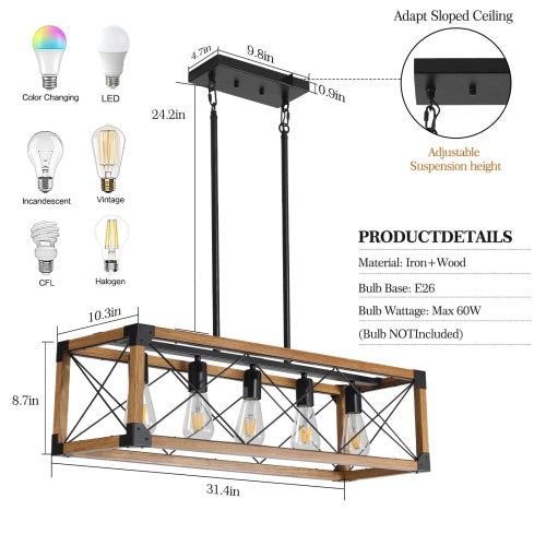 5 Lights Vintage Farmhouse Light Walnut - - light