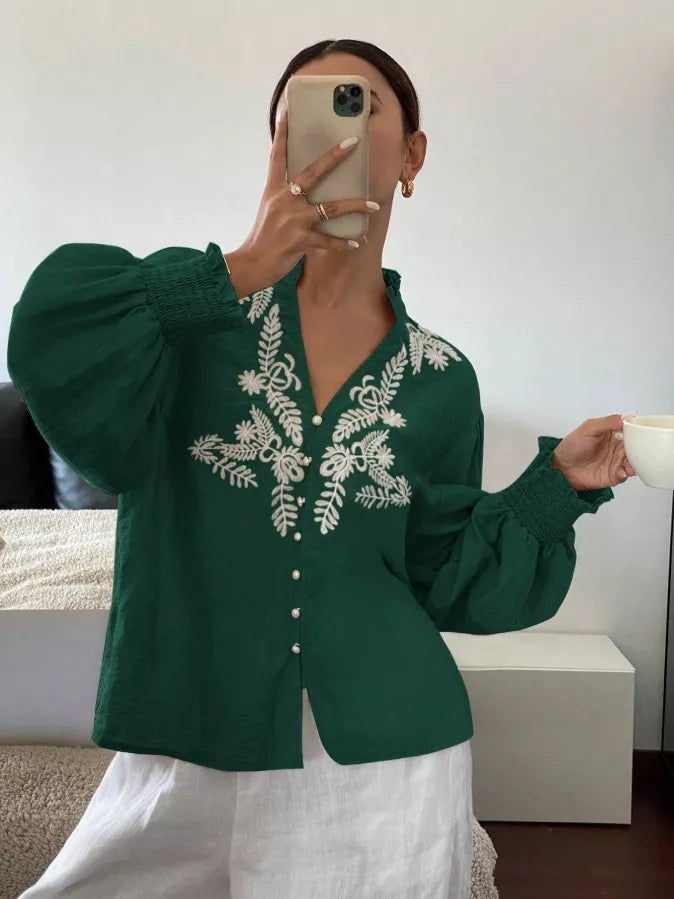 Embroidered Notched Long Sleeve Blouse - -