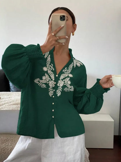 Embroidered Notched Long Sleeve Blouse - -