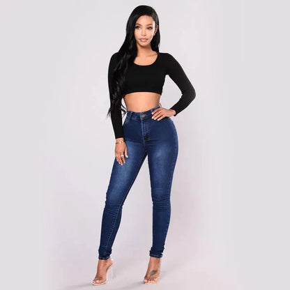 Ladies Denim High Waist Stretch Pencil Jeans dark blue