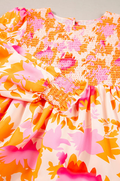 Orange Abstract Print Smocked Lantern Sleeve Ruffle Mini Dress - - Dresses/Mini Dresses