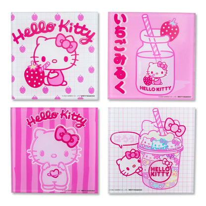 Sanrio Hello Kitty Strawberry Milk Glass Coasters for Drinks Set of 4 | Tabletop Protection for Home Kitchen Dining Room Table