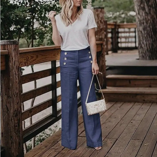 Women's High-Waisted Button Wide-Leg Pants - Blue 3XL - pants