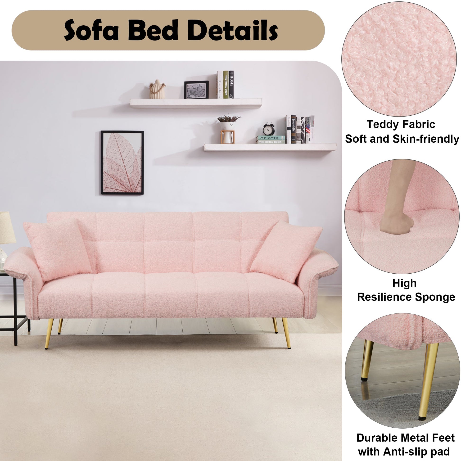 70 inch Teddy velvet sofa with adjustable armrests and backrest, convertible futon sofa for living room and bedroom. Pink- V.I.P Digital Presence- {{Product type}}
