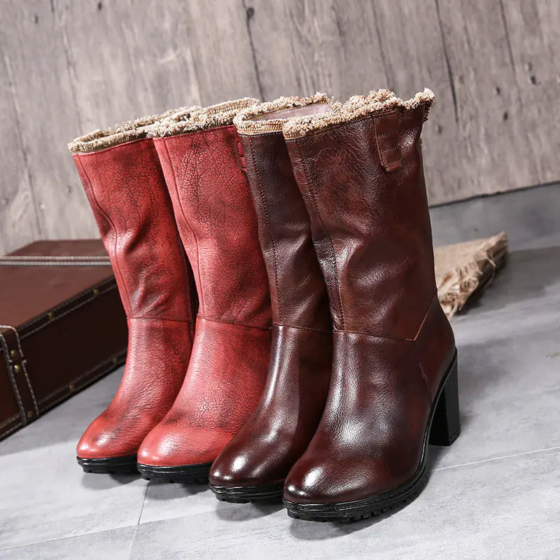 Winter Vintage Leather Mid-Calf Chunky Heeled Boots