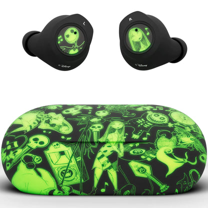 Disney Nightmare Before Christmas Glow in The Dark TWS Earbuds Wireless Bluetooth 5.0 Compatible in-Ear Headset with Built-in Mic & Portable Recharging Case - IPX8 Waterproof Jack and Sally