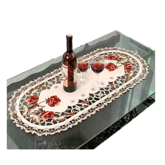 Judy Dre am Brown Rose Embroidered Tablecloth for Thanksgiving ChristmasVintage Floral Cutwork Coffee Table RunnerFlower Lace Small Table Decorations (15"x33" Oval) Kia Day Design