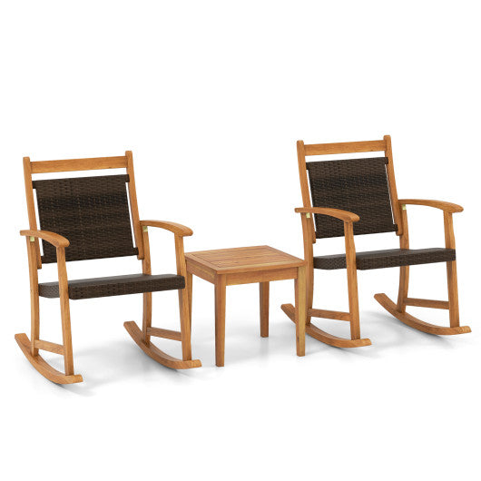 3 Pieces Acacia Wood Patio Rocking Chair Set with Side Table - - Home & Garden