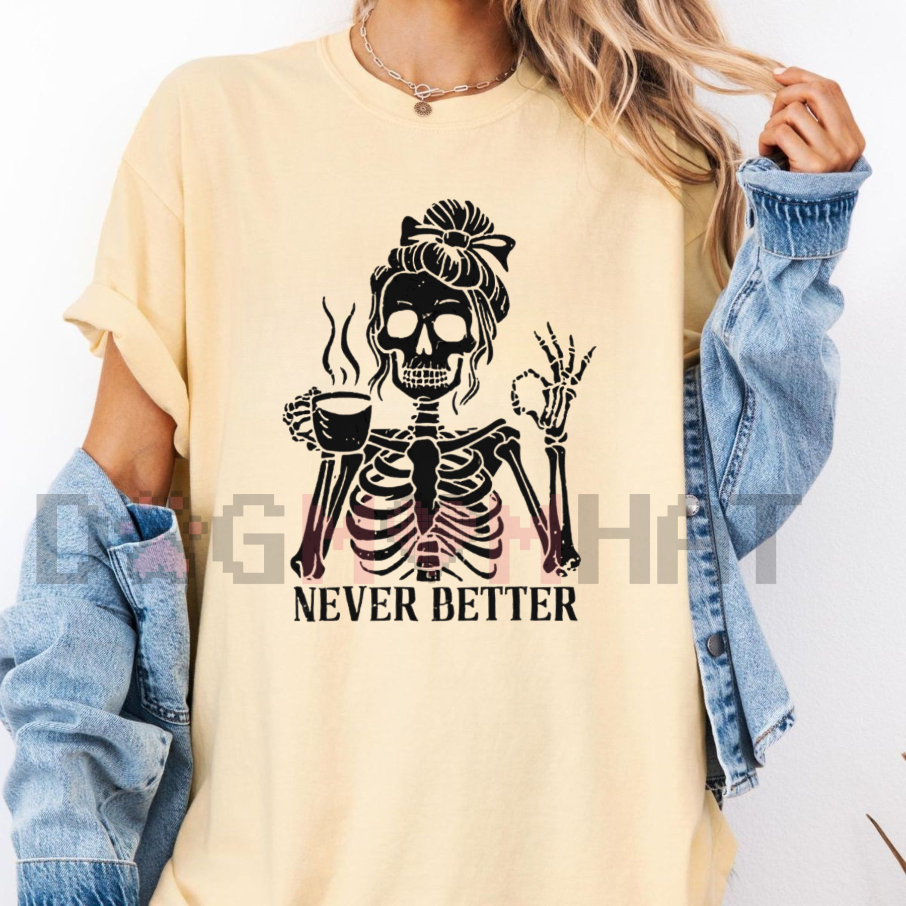'Never Better' Skeleton Shirt – Halloween Humor Coffee Lover T-shirt, Spooky Fall Essential, Goth Aesthetic Tee - - T-shirt