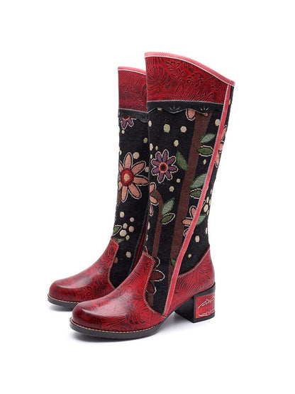 Bohemian Leather Block Heel Long Boots - - Boots