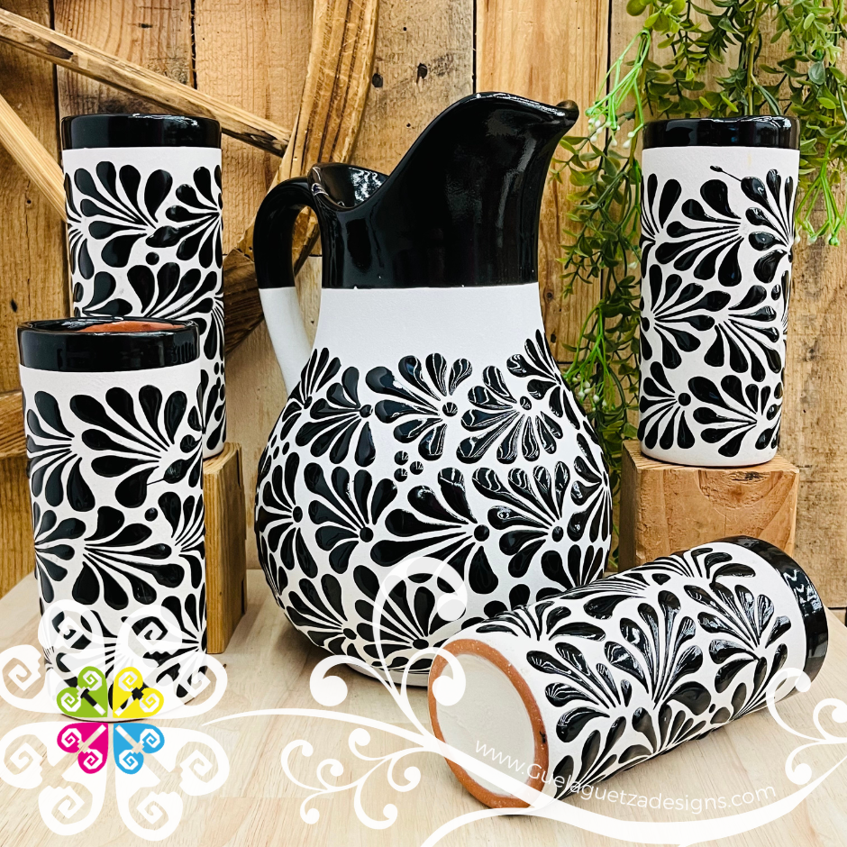 Engobe with Black Espiga Pato Pitcher Set - 4 Cups - - Authentic Mexican Clay