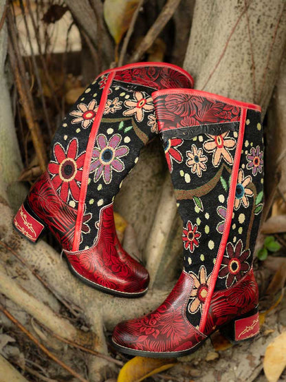 Bohemian Leather Block Heel Long Boots - - Boots
