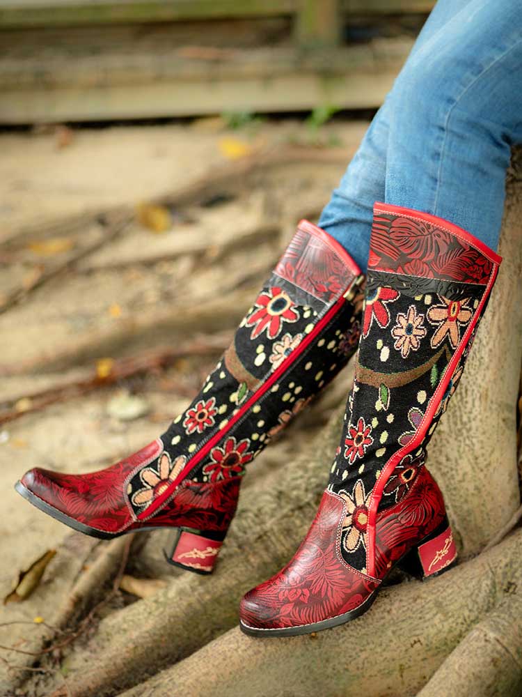 Bohemian Leather Block Heel Long Boots - - Boots