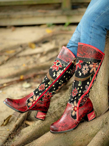 Bohemian Leather Block Heel Long Boots - - Boots