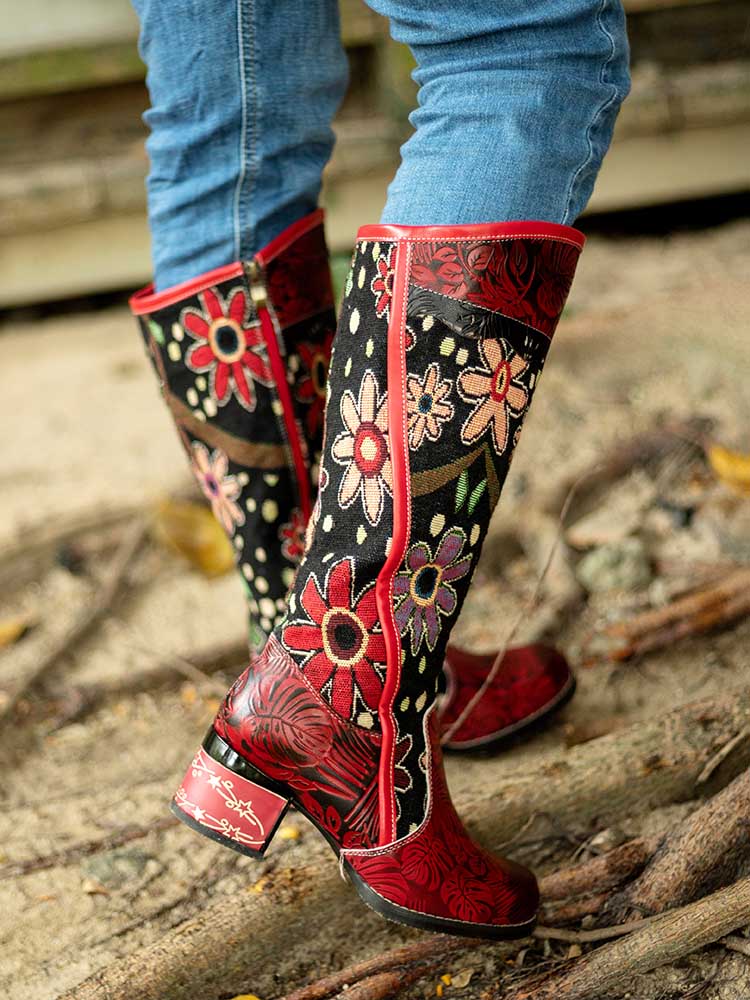 Bohemian Leather Block Heel Long Boots - - Boots