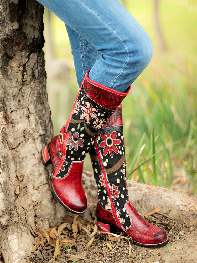 Bohemian Leather Block Heel Long Boots - - Boots